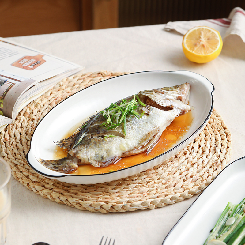 Day-Style Steamed Fish Special Dishes Dish Home New Minimis 2023 Large number of double ear ceramic Oval Fish Dish Cutlery-Taobao