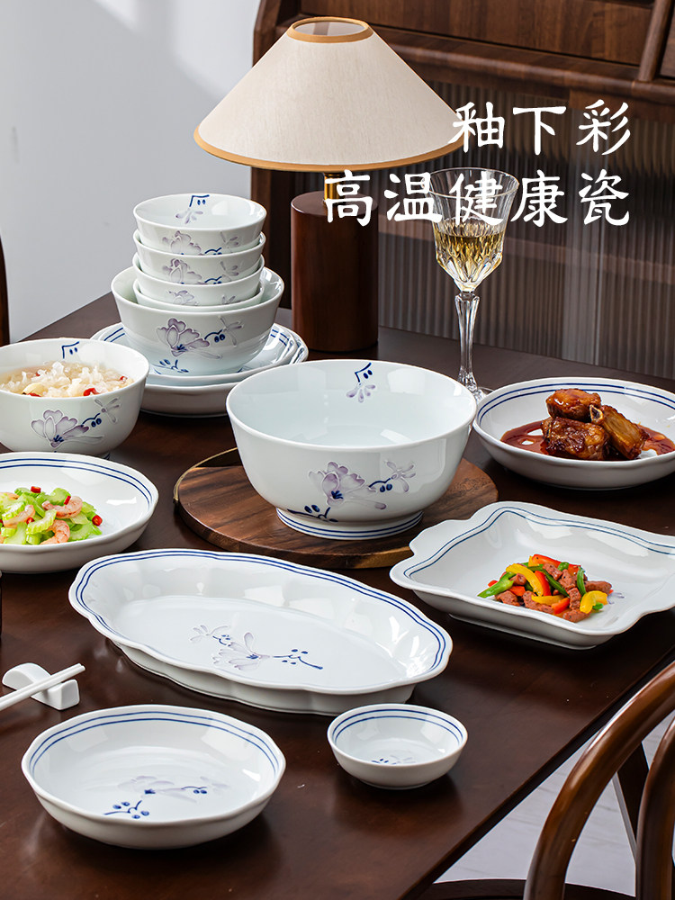 New Chinese-Style Tableware, New Bowl and Plate Set, Household Underglaze Color Bowls and Plates, Ceramic with a High-End Feel, Housewarming Gift