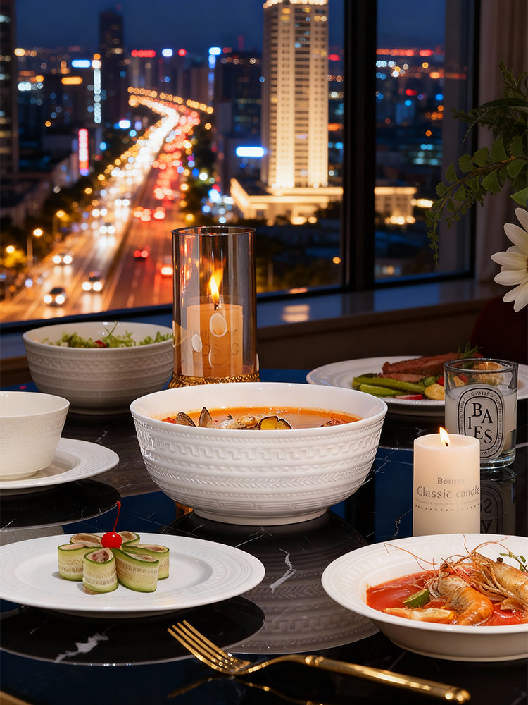 French-Style Embossed Bowl and Plate Set for Home Use, 2026 New Model, Underglaze Color Pure White Tableware, Bowls and Plates, Housewarming Gift