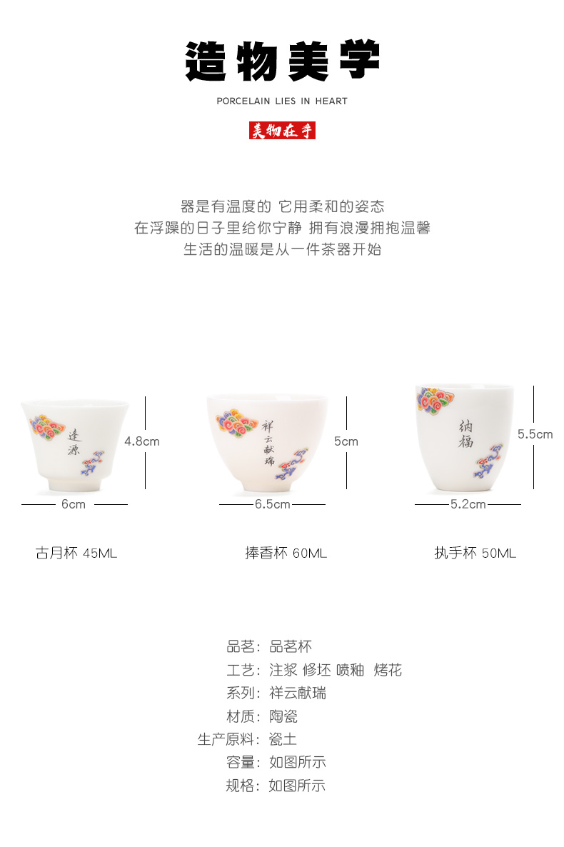 Xiangyun delight in dehua white porcelain teacup master kung fu tea cups ceramic sample tea cup cup single CPU can be customized