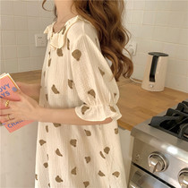 Xia Lijia ins round neck pullover ruffled bud sleeves bear cookie short-sleeved mid-length nightgown pajamas home clothes