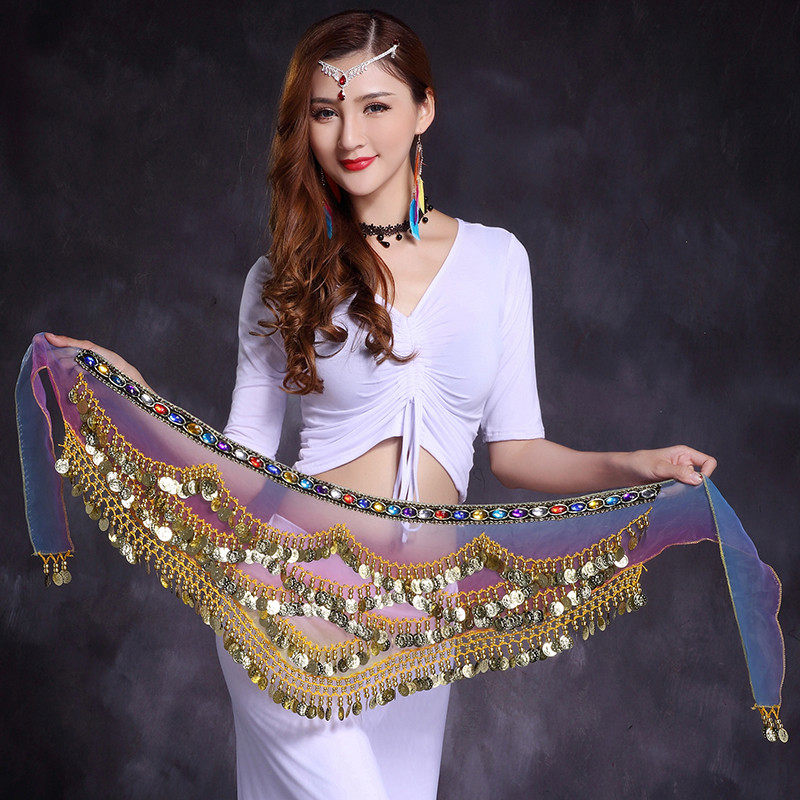 New belly dance chain gold coins colorful glass belly belly dance with waist towel to increase the belt