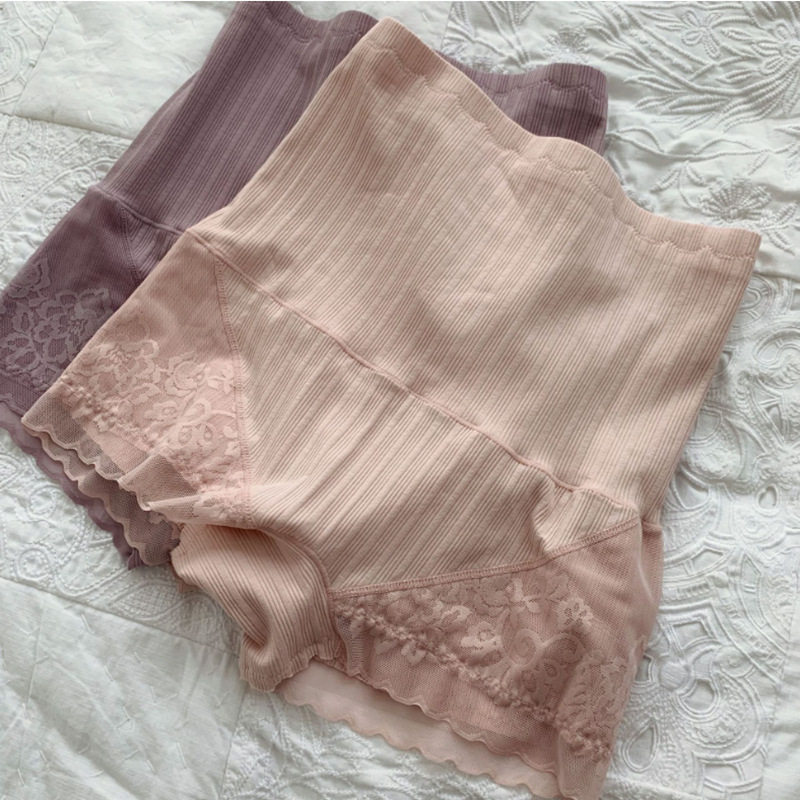 4 pieces of belly high waist anti-glare women's boxer panties Lace threaded cotton hip-lifting boxer panties for women