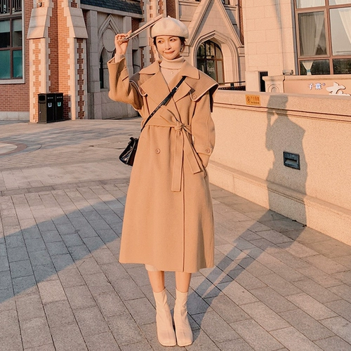 Военно-морская приталенная накидка, корсет, длинное зимнее шерстяное пальто, средней длины, в корейском стиле, свободный крой