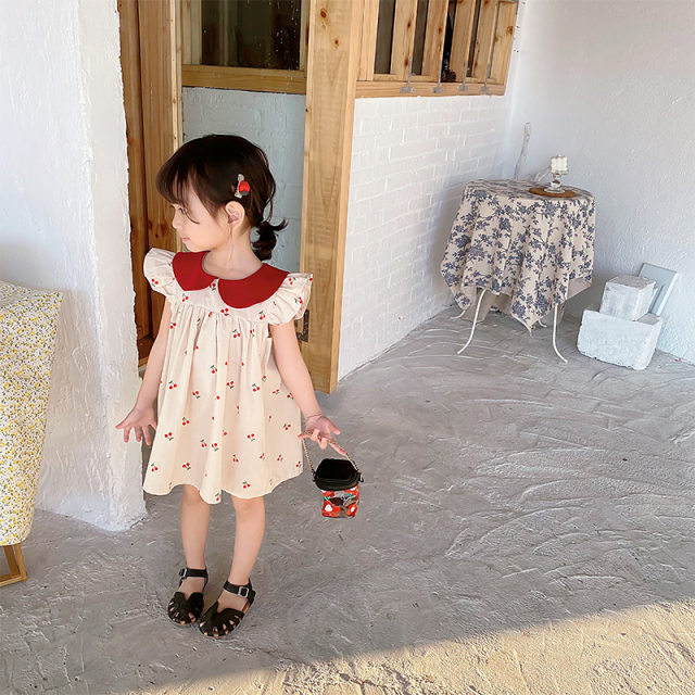 Baby girl short-sleeved summer girl cherry dress thin section baby princess doll skirt one-year-old baby skirt girl summer