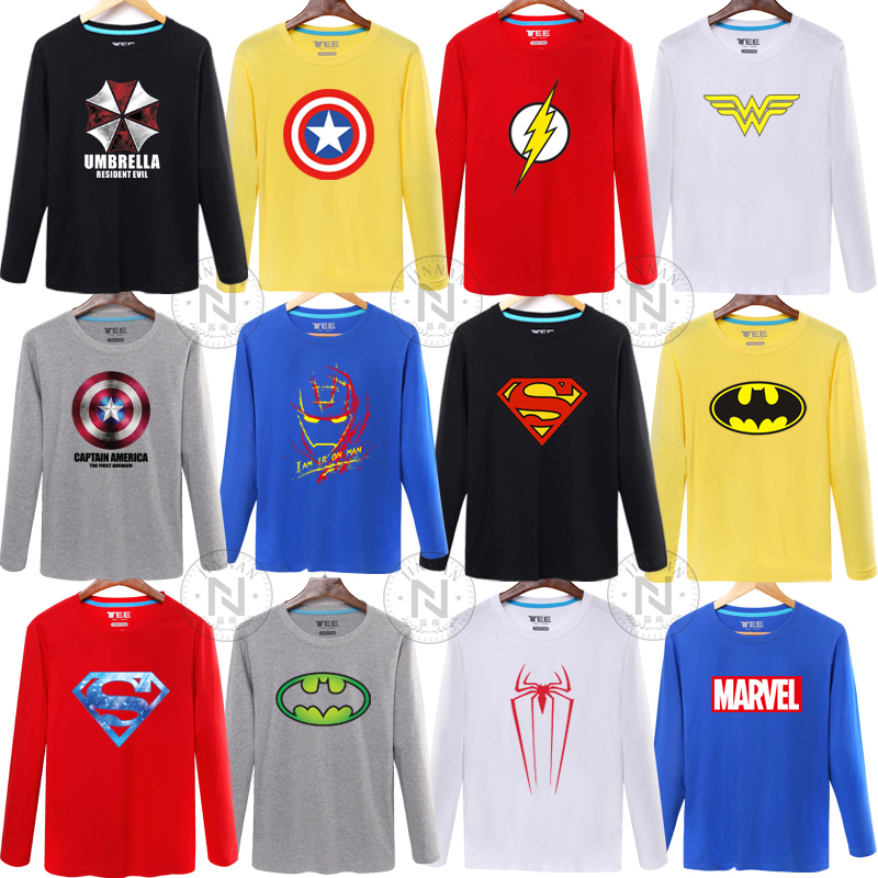 Spider-Man, Batman, Superman, Captain America, Iron Man Long-Sleeve T-Shirt, Autumn and Winter Pure Cotton Clothing, Unisex Base Layer Shirt