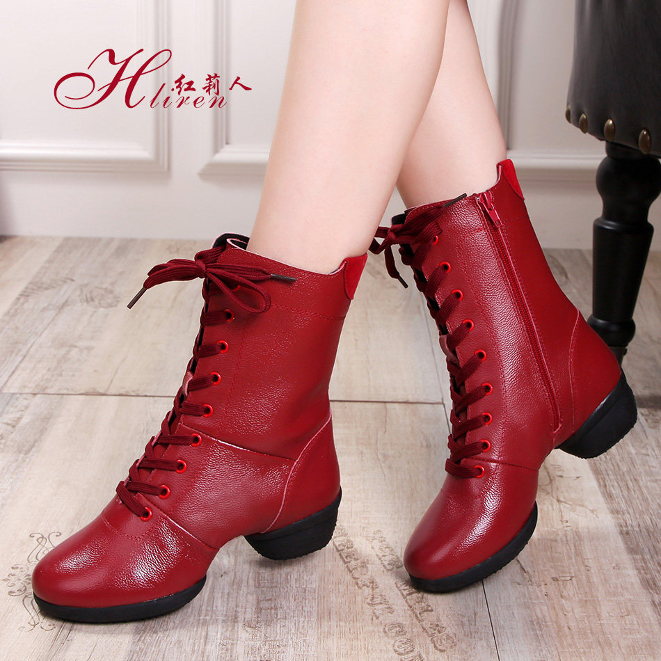Hongliren's new leather square dance shoes women's autumn and winter adult dance shoes soft bottom middle heel sailor dance boots