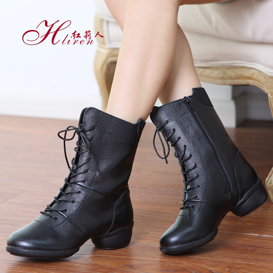 Hongli people dance shoes leather women's soft bottom sailor dance dance shoes adult high tube autumn and winter square dance boots