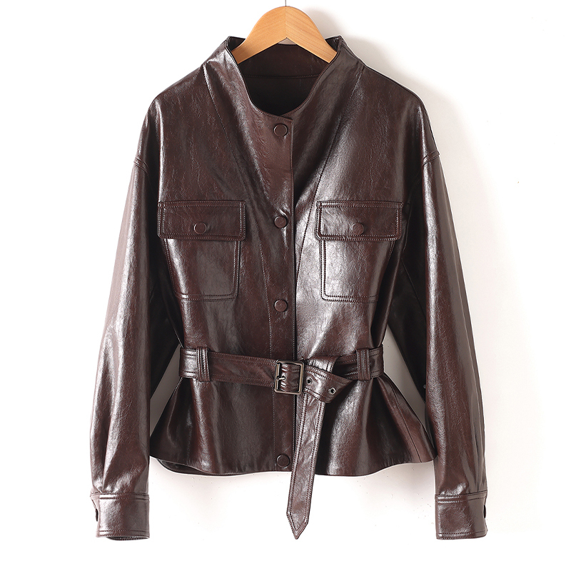 Genuine Leather Jacket for Women, Short Style, Popular Model, 2026 Autumn New Style, Loose Fit, Slimming, Stand Collar, Stylish Oil Wax Leather Jacket