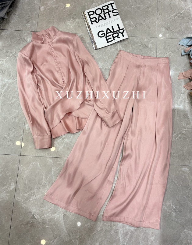 Xuzhi 26 New Designer Style High-End Copper Ammonia Silk Stand Collar Tie Slimming Versatile Fashion Long-Sleeve Set