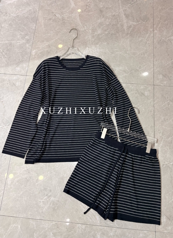 Xuzhi Autumn Lazy Loose Comfortable Round Neck Wool Striped Long-Sleeve T-Shirt Women's Knit Casual Versatile Set for Women