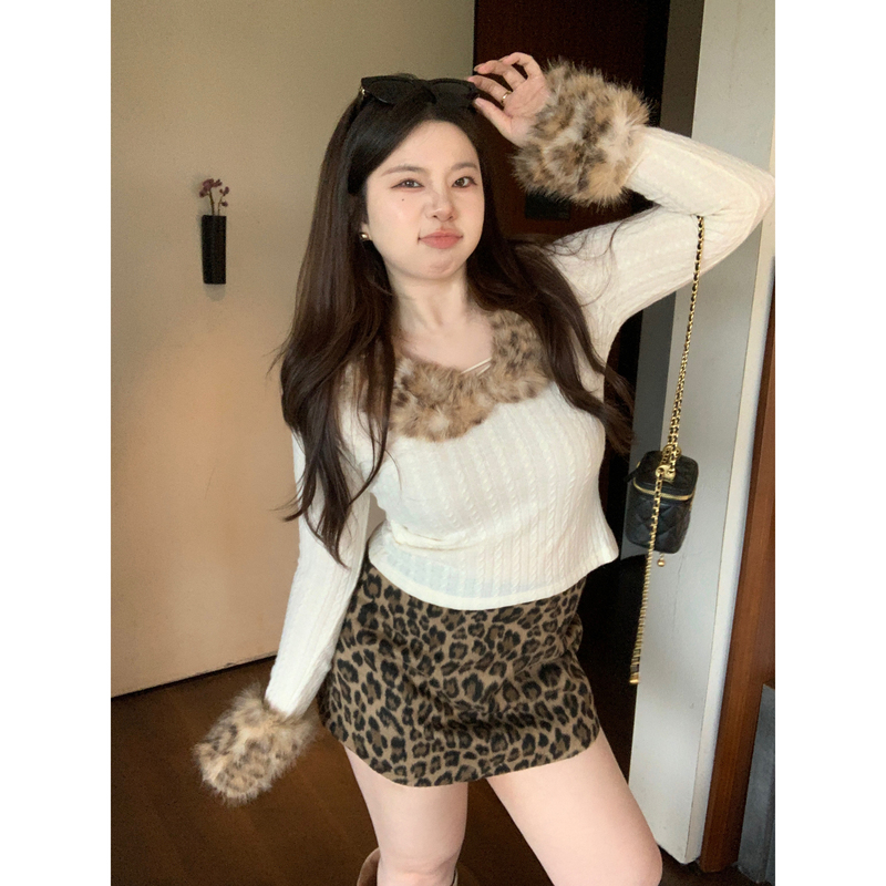 M5T6 Slightly Chubby Cow Print Gummy × Ono Milk Leopard/Unique Leopard Print Cuff Fur Collar Knit Top for Layering
