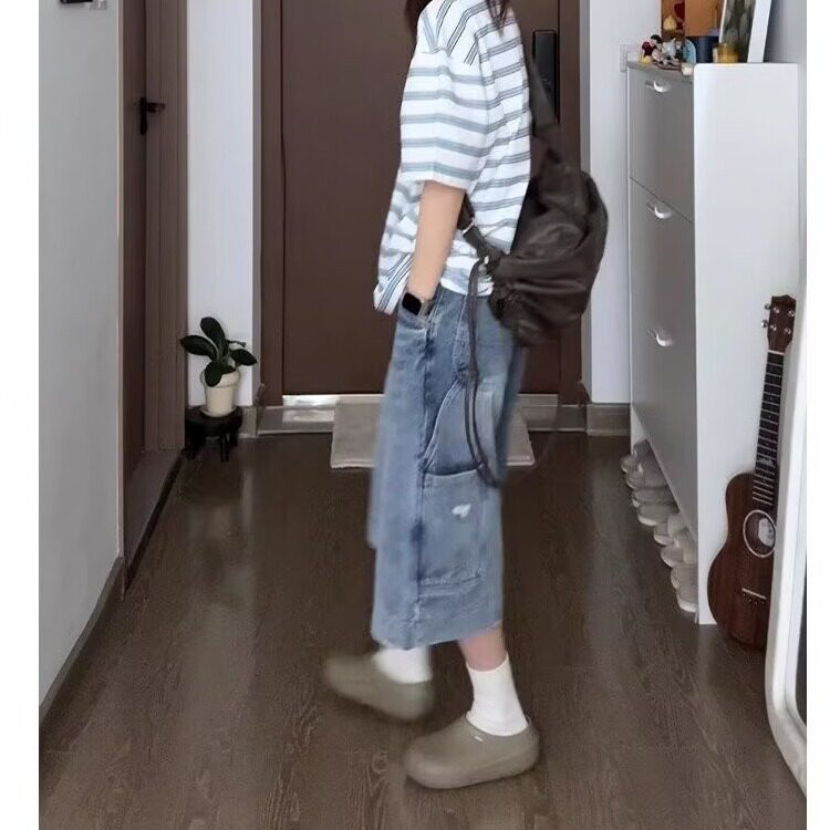 American Retro Workwear Denim Cropped Pants for Men and Women, Summer Design, Loose Straight Wide-Leg 7/8 Shorts, Trendy