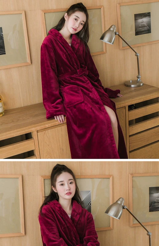Mùa thu và mùa đông áo ngủ dày flannel nữ đồ ngủ nhung san hô mùa đông màu rắn cộng với áo choàng dài ấm áp của Hàn Quốc