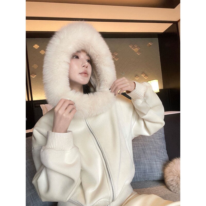 Alin【Cinnamon Melting Snow】Loose Hooded Fur Collar Sweatshirt Jacket Casual Long Pants Fashion Set for Women Winter