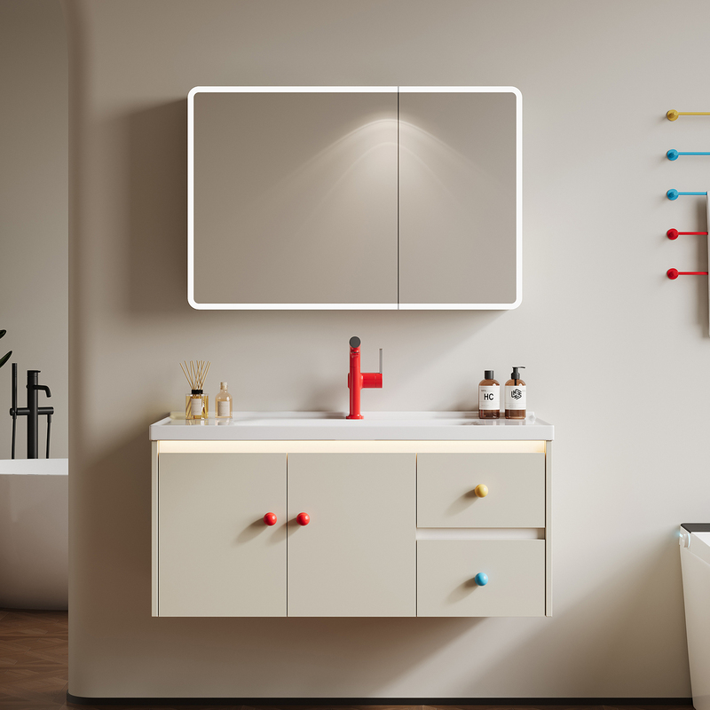 French-Style Bathroom Cabinet with Honeycomb Aluminum, Ceramic Basin, Deep Washbasin Cabinet, Dopamine Cream Style, Sensor Lighting
