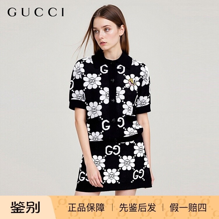 现货GUCCI成人女装新款双G字母花卉刺绣翻领短袖针织衫针织短裙，春季穿
