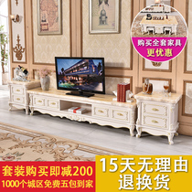 European marble TV cabinet white minimal solid wood carving flower living room furniture tea table TV cabinet combination suit