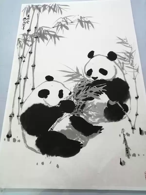 双熊猫国画装裱画新中式风格装饰画客厅挂画动物水墨画