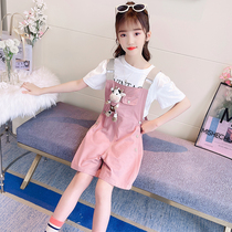 Girls with pants in summer dress 2023 new big childrens air strap shorts girls relaxed recreational summer suit