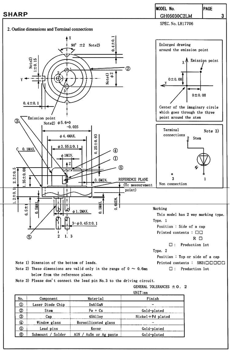 Description Picture 2 of item1pc 505nm Green Laser Diode CW 35mW Pluse 70mw 5.6mm TO18 GH05030C2LM