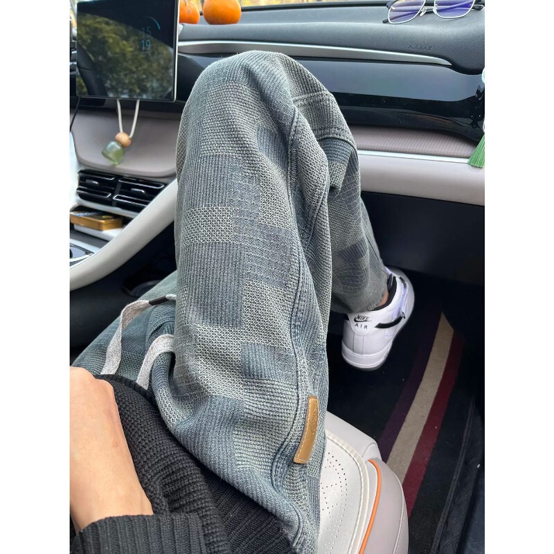 Kangshi Yishu Trendy Plaid Drawstring Jeans for Men, New Loose Straight-Leg Pants for Spring and Summer, Versatile Casual Pants