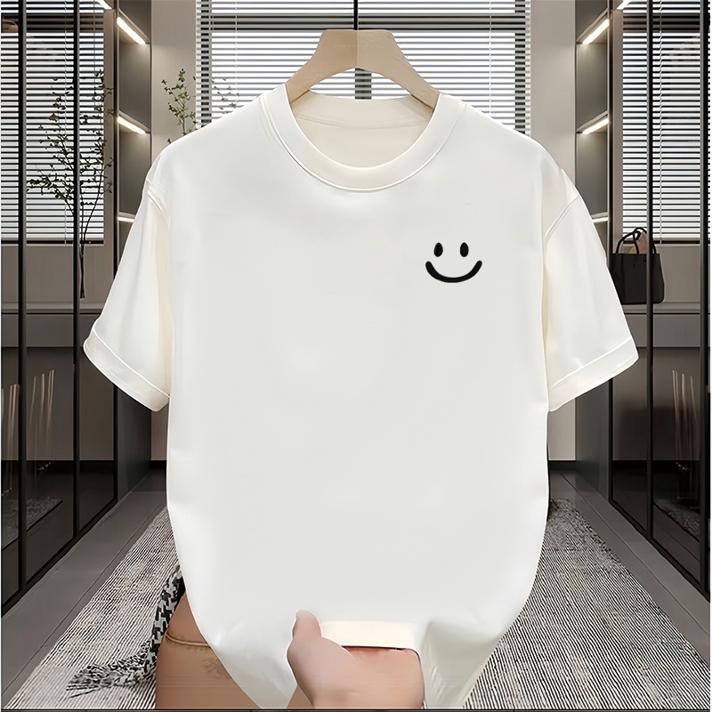 Kangshi Yishu Trendy Brand Printed Short-Sleeve T-Shirt for Men, Summer 2026 New Loose Round-Neck Half-Sleeve Smiley Face Top