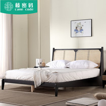 Rattan code art rattan bed Japanese solid wood bed ash wood 1 8 meters 1 5 master bedroom Nordic double bed Jingjifeng