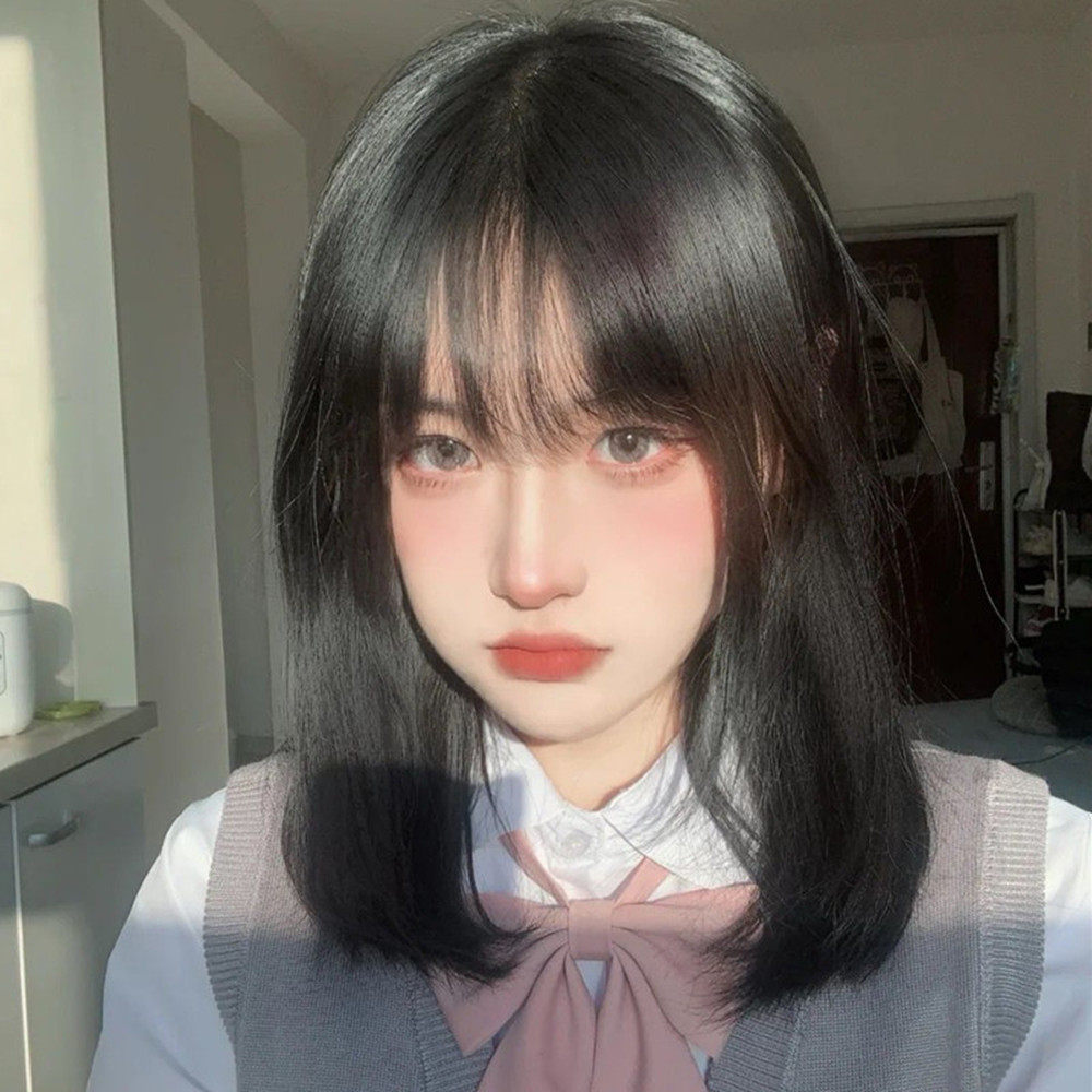 Wig Woman Medium Long Hair Emulation Female Full Head Sleeve Round Face Repair Face Summer Lock Bone Hair Natural Adolescent Girl Black Wig Sleeve