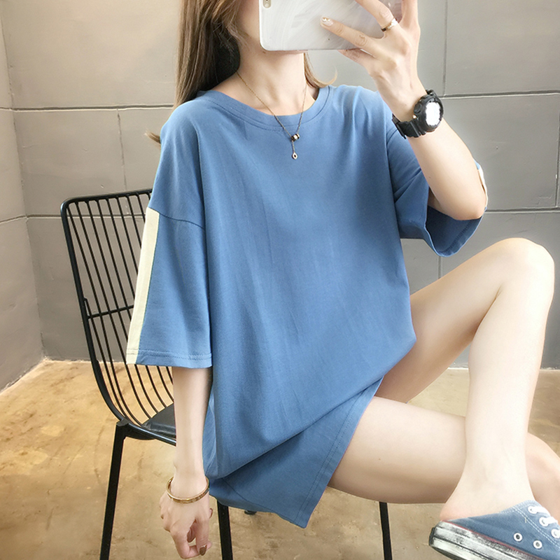 Ngắn tay áo thun nữ 2020 mùa hè váy mới của Hàn Quốc phiên bản của loose-fitting dài cỡ bình thường quần áo màu rắn trong s triều