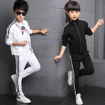  Boys and girls long-sleeved solid color sportswear primary and secondary school students striped black and white Korean version of the suit childrens spring cotton clothes