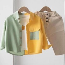 Boys shirt foreign style shirt 2021 new stitching fashion coat tide baby shirt small turn collar tide