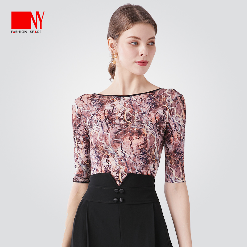 Nart Morden dance dress print Livewear woman Fashion sashimi round collar social dance clothes blouses 50% sleeves