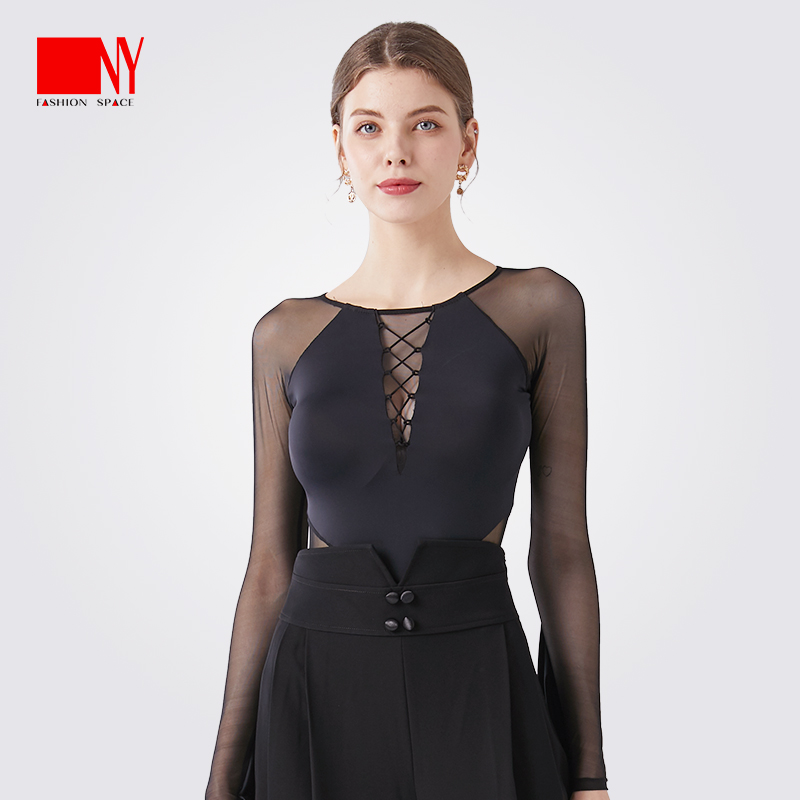 Nart Morden Dance Dress Blouse Women Adult Morden Dance Net Yarn Sleeves Splicing One-piece Blouse Long Sleeve Practice-Taobao