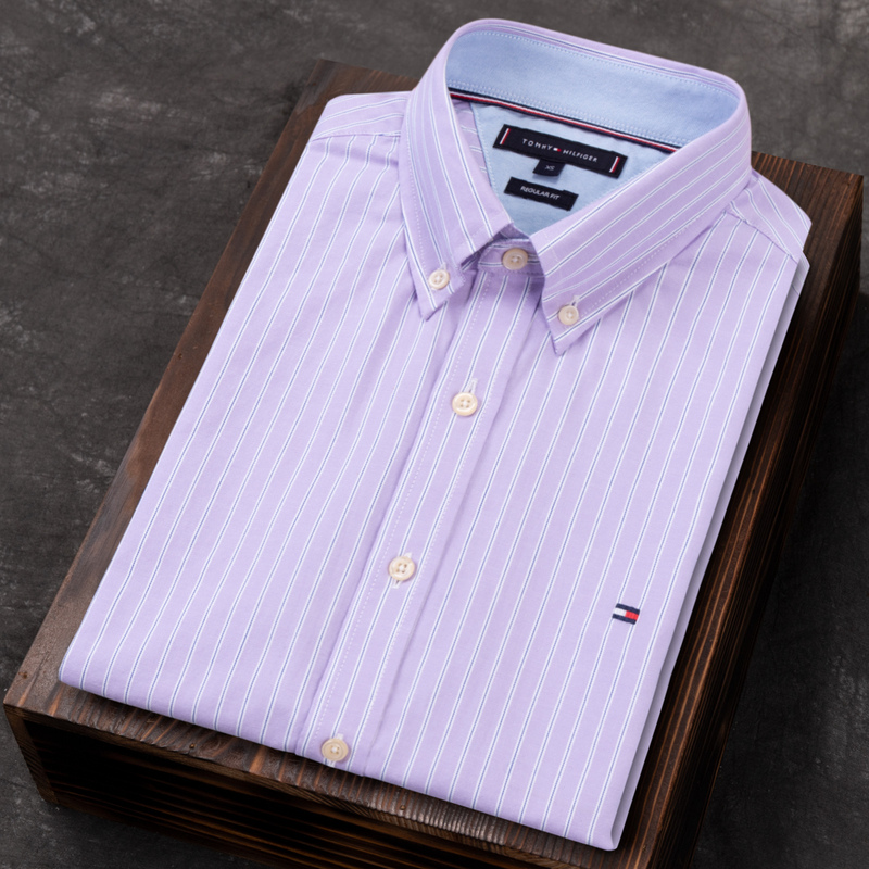 Authentic North American Tommy Short-Sleeve Shirt for Men, Striped American Casual Style, Pure Cotton Oxford Fabric, Wrinkle-Free, Summer Authentic North American Tommy Short-Sleeve Shirt for Men, Striped American Casual Style, Pure Cotton Oxford Fabric, Wrinkle-Free, Summer