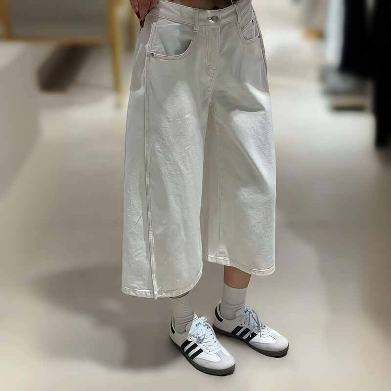 26Th Summer New Collection Women's Denim Mid-Length Pants, Eight-Point Pants, All-Cotton Denim Loose Wide-Leg Pants