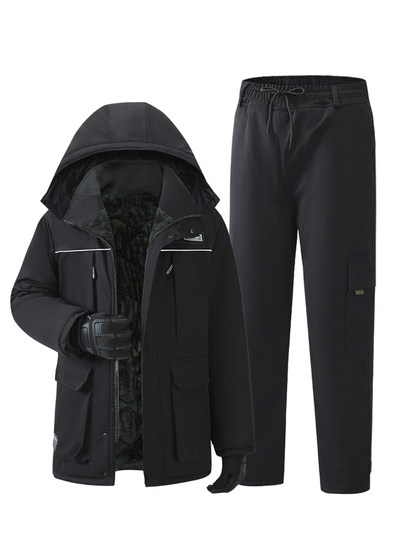 Winter Cotton Clothing for Men, Thickened Waterproof Workwear, Cold Storage Work Cotton Pants and Jacket Set, Northeast Fleece-Lined Cold-Proof Clothing