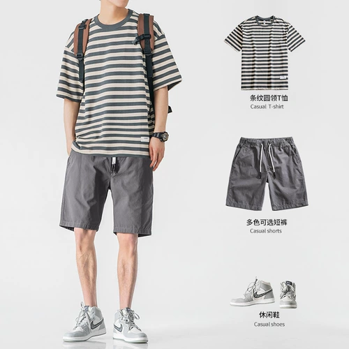 Модный летний комплект, хлопковая футболка с коротким рукавом, шорты для отдыха, штаны, свободный прямой крой