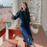 Синее джинсовое платье, весенний осенний приталенный корсет, французский стиль, изысканный стиль, 2023, подходит для подростков, с акцентом на бедрах