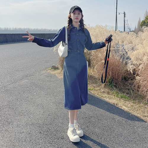 Синее джинсовое платье, весенний осенний приталенный корсет, французский стиль, изысканный стиль, 2023, подходит для подростков, с акцентом на бедрах