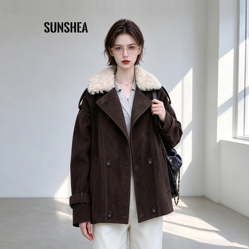 Coffee-Colored Lamb Wool Collar Fleece-Lined Thick Parka Coat for Women, New Winter Style, Versatile and Sweet, Retro Loose Fit for Petite Figures