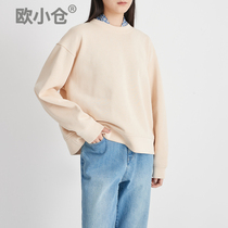Ou Xiaocang Apricot Round Neck Womens Little Soft Glutinous oversize Hatless Loose Short Pullover