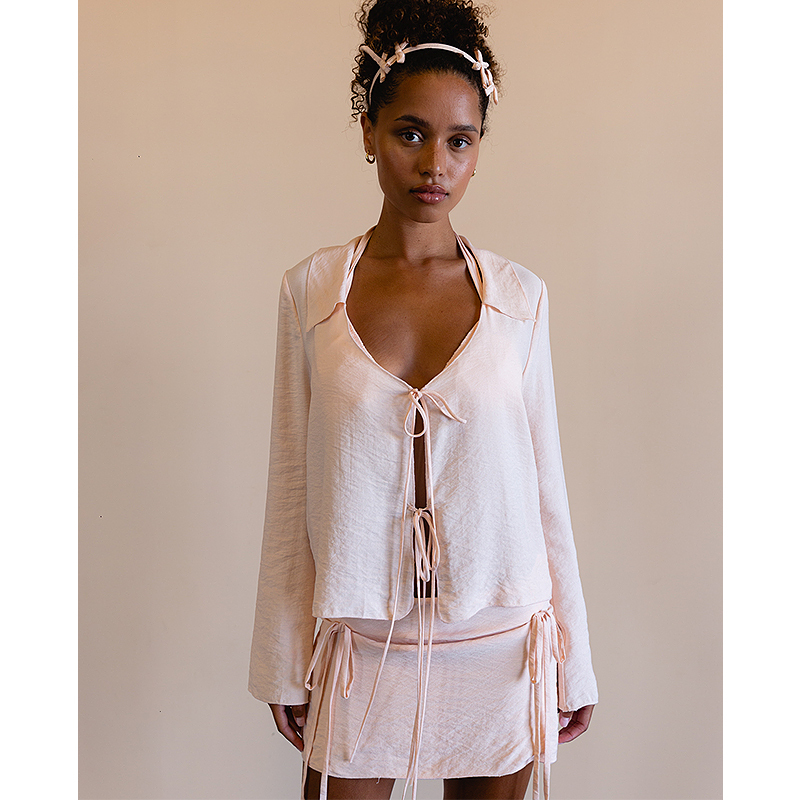 My Mum Made It/Mmmi Original Design Holiday Style Light Pink Lace-Up Loose Acetate Shirt Top