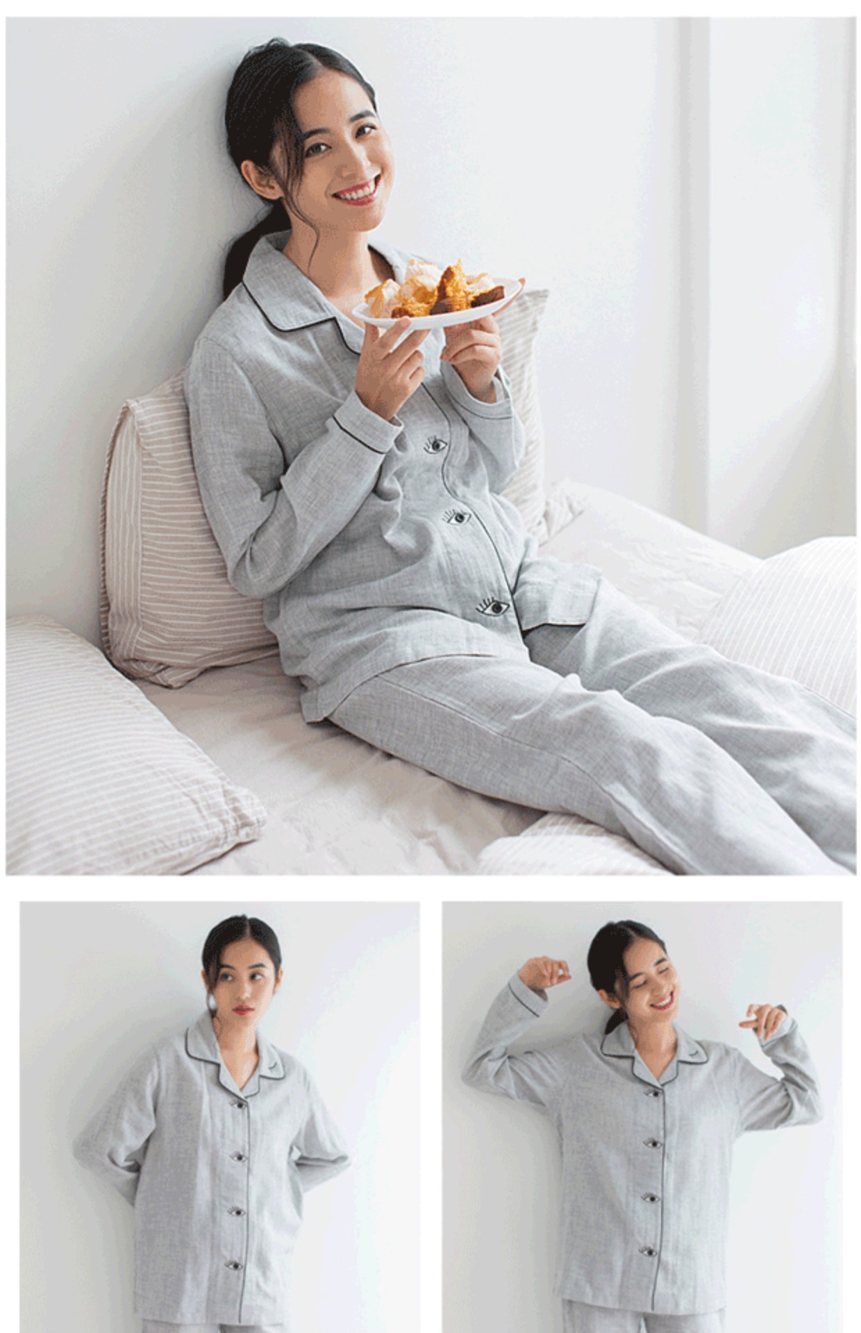 Bộ đồ ngủ mùa xuân và mùa thu cho phụ nữ dài tay bằng vải cotton hai lớp bộ quần áo ngủ