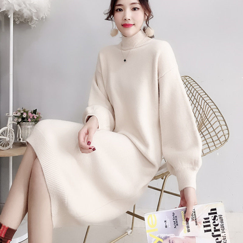 Thickened Sweater Dress for Women 2023 Autumn and Winter New Style Knitted Dress over the Knee Loose White Base Dress to Wear with Coat Thickened Sweater Dress for Women 2023 Autumn and Winter New Style Knitted Dress over the Knee Loose White Base Dress to Wear with Coat