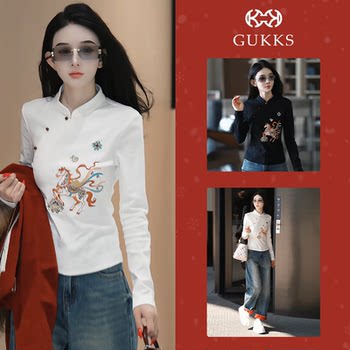 Gukks Long-Sleeve T-Shirt for Women with Embroidery of Auspicious Symbols, 2026 New Chinese Style with Traditional Chinese and Singapore Elements, Heavy Craftsmanship National Style Top
