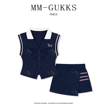 Gukks Women's Set 2025 Summer College Style Youthful Fashion Petite Sleeveless Polo Collar T-Shirt and Skirt Set