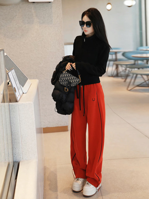 Mingming GUKKS striped sweatpants women's comfortable travel 2025 autumn and winter velvet thickened trousers embroidered casual pants