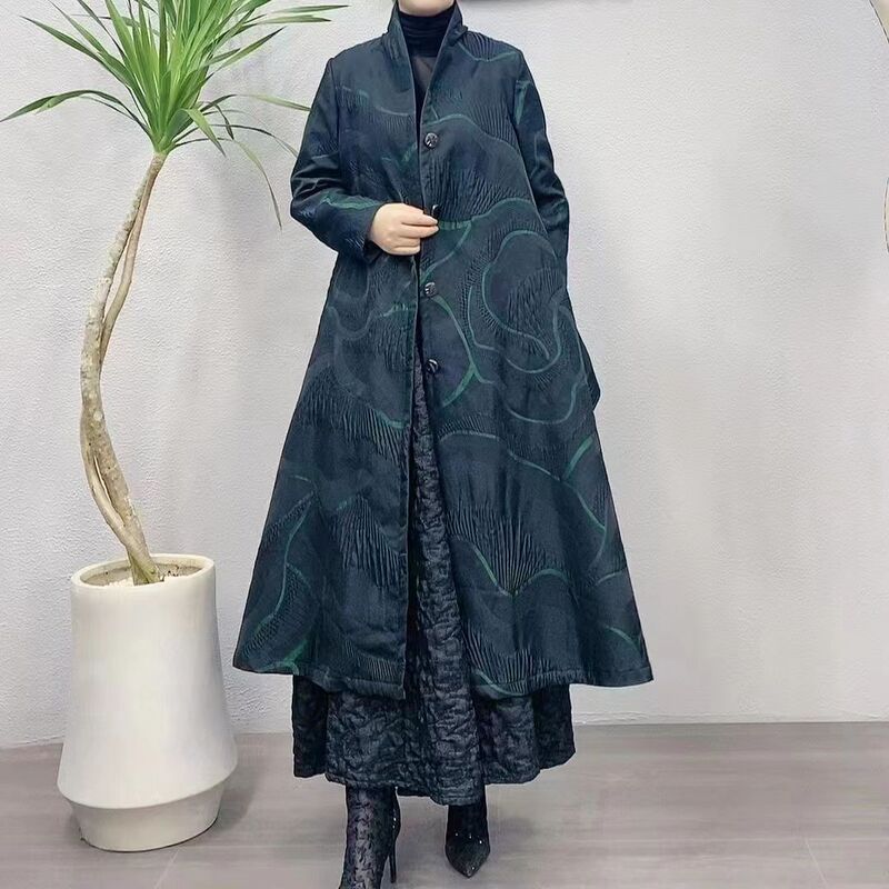 Quiet Whisper Qjy221713 Black and Green Elegant Jacquard Fashion Designer New Chinese Style Coat Trench Coat