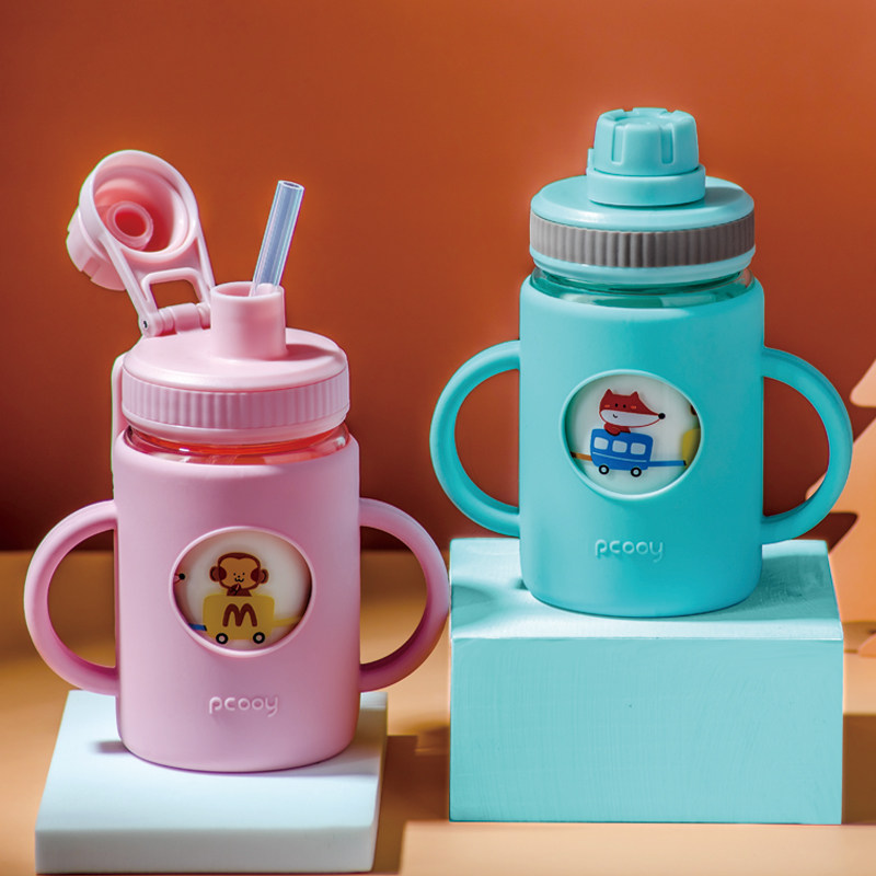 Children's milk cup with straw baby drinking water cup ring bottle special cup brewed milk powder scale glass anti-fall